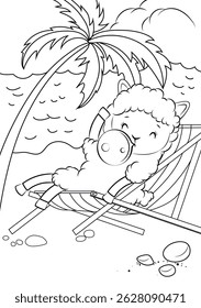 Coloring page with a llama relaxing at a resort under a palm tree. Vector illustration