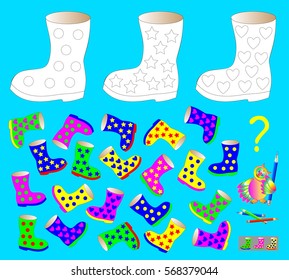 Coloring page with logic puzzle for children. Need to find three unpaired boots and paint black and white drawing in corresponding colors. Vector cartoon image.