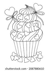 Coloring page love. Cute sweet cupcake with cream, candy hearts. Valentine design. Hand drawn vector line art illustration. Coloring book for children and adults. Romantic black and white sketch.