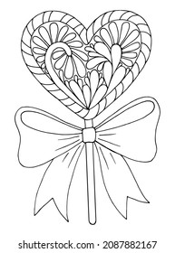 Coloring page love. Cute sweet lollipop heart, gift with ribbon bow. Valentine design. Hand drawn vector line art illustration. Coloring book for children and adults. Romantic black and white sketch.