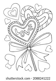 Coloring page love. Cute sweet lollipop hearts, gift with ribbon bow. Valentine design. Hand drawn vector line art illustration. Coloring book for children and adults. Romantic black and white sketch.