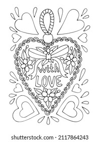 Coloring page love. Textile heart pincushion with embroidered flowers. Valentine design. Hand drawn vector line art illustration. Coloring book for children and adults. Romantic sketch.