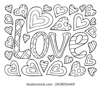 Coloring page love. Valentine hearts. Hand drawn romantic illustration for children and adults.