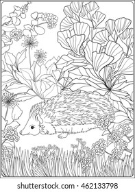 Coloring page with lovely hedgehog in the garden. Coloring book for adult and older children. Vector illustration. Outline drawing. 