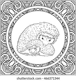 Coloring page with lovely mother hedgehog and her small hedgehog in decorative frame . Coloring book for adult and older children. Vector illustration. Outline drawing. 