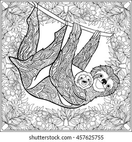 Coloring page with lovely sloth in forest. Coloring book for adult and older children. Vector illustration. Outline drawing. 