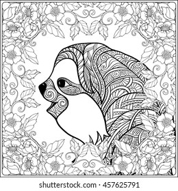 Coloring page with lovely sloth in forest. Coloring book for adult and older children. Vector illustration. Outline drawing. 