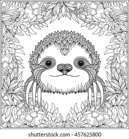 Coloring page with lovely sloth in forest. Coloring book for adult and older children. Vector illustration. Outline drawing. 