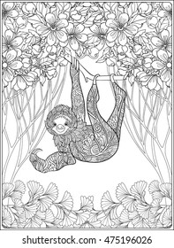 Coloring page with lovely sloth in forest. Coloring book for adult and older children. Vector illustration. Outline drawing. 