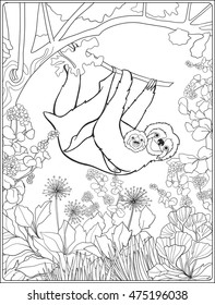 Coloring page with lovely sloth in forest. Coloring book for adult and older children. Vector illustration. Outline drawing. 