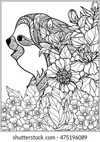 Coloring page with lovely sloth in forest. Coloring book for adult and older children. Vector illustration. Outline drawing. 
