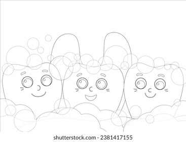 Coloring page. Lovely teeth in a healthy soft pink mouth in toothpaste vials. Funny characters illustrate dental hygiene. Teeth are happy and smiling. Care and health of children's teeth.