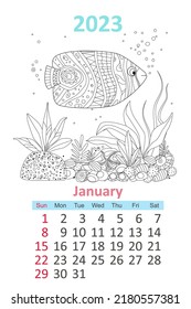 Coloring page with lovely underwater landscape and cute fish. calendar for 2023, january
