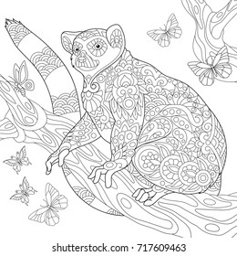 Coloring page of madagascar lemur surrounded by butterflies. Freehand sketch drawing for adult antistress coloring book in zentangle style.