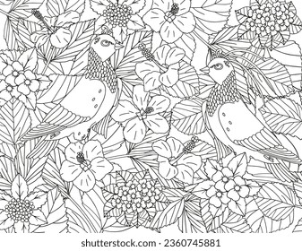 Coloring page made of tropical flowers and leaves. The best activity to relieve stress.