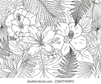 Coloring page made of tropical flowers and leaves. The best activity to relieve stress.