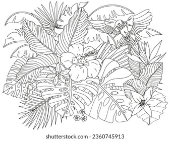 Coloring page made of tropical flowers and leaves. The best activity to relieve stress.