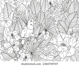 Coloring page made of tropical flowers and leaves. The best activity to relieve stress.