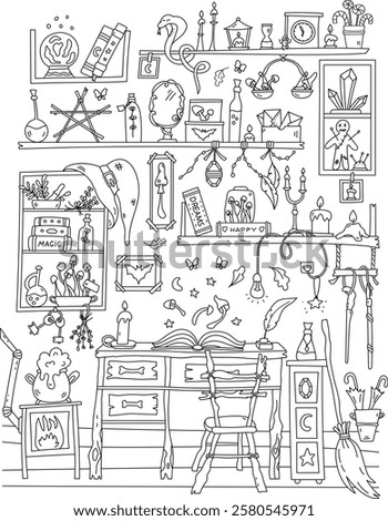 Coloring Page Of Magic Accessories And Wizard Tools On Shelves For Kids And Adults