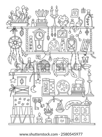 Coloring Page Of Magic Accessories And Wizard Tools On Shelves For Kids And Adults