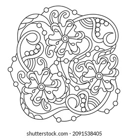 Coloring page with magic flowers. Hand drawn black and white vector illustration.