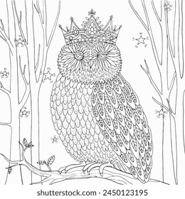 Coloring page Magical owl in a magical forest. 