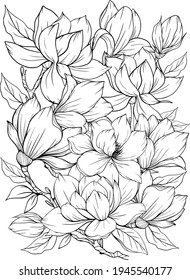 Coloring page with magnolia and leaves. Vector page for coloring. Flower Colouring page. Outline magnolia . Black and white page for coloring book. Anti-stress coloring. Line art flowers