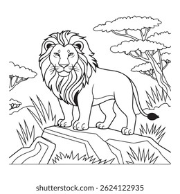 Coloring Page of a majestic lion standing on a rock in a wild landscape