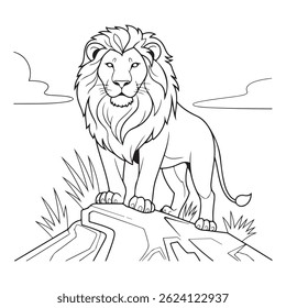 Coloring Page of a majestic lion standing on a rock in a wild landscape