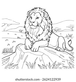 Coloring Page of a majestic lion standing on a rock in a wild landscape