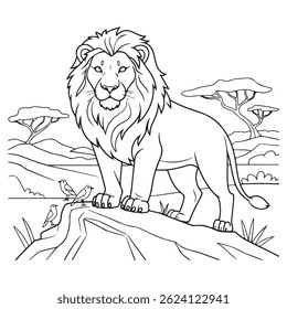 Coloring Page of a majestic lion standing on a rock in a wild landscape