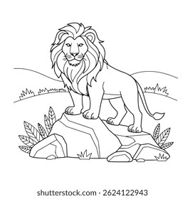 Coloring Page of a majestic lion standing on a rock in a wild landscape