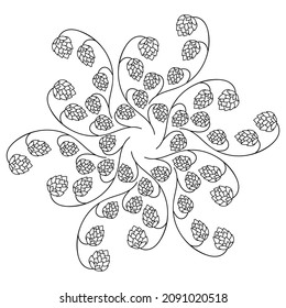 Coloring page mandala. Branches of Hops with fruits. Hand drawn vector illustration. Linear drawing of a plants