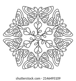 Coloring page mandala with butterfly and flowers . Vector illustration