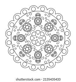 Coloring page mandala for children with turtle. Vector Illustration on white background.