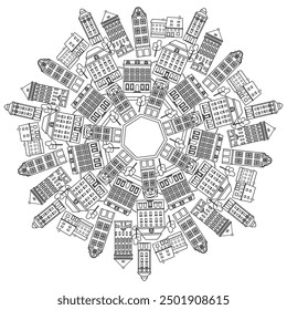 Coloring page mandala with cityscape. Hand drawn black and white vector illustration.