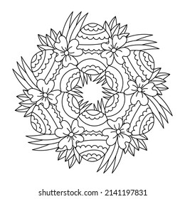 Coloring page. Mandala with Easter Eggs and flowers. Vector illustration.