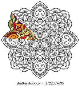 coloring page, mandala with an example of coloring