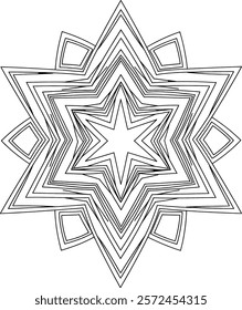Coloring Page of mandala featuring a starburst design with a central star and multiple layers of triangles and circles.