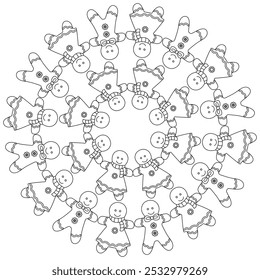 Coloring page mandala with gingerbread men - hand drawn black and white vector illustration.