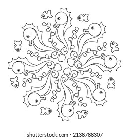 Coloring page mandala with seahorse , fish and algae for children. Educational content. Vector Illustration on white background,