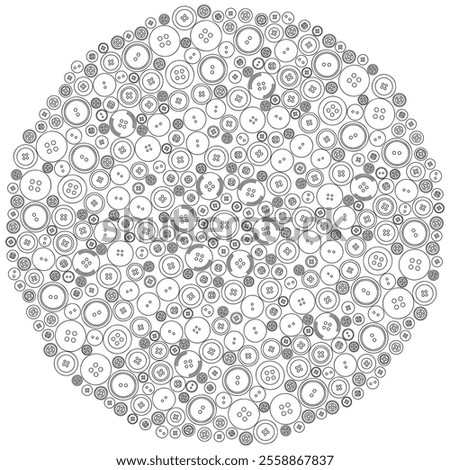 Coloring page mandala with sewing buttons - hand drawn black and white vector illustration.