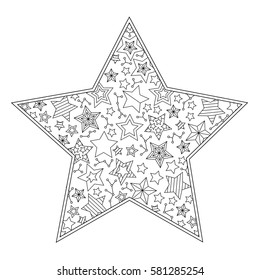 Coloring page with mandala star shape isolated on white background. Square composition. Coloring book for adult and older children. Editable vector illustration.
