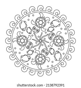 Coloring page mandala with turtle, fish and algae for children. Educational content. Vector Illustration on white background. svg