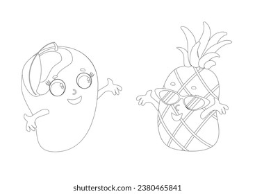 Coloring page. Mango and pineapple in cartoon style. Fruit has a face and eyes.