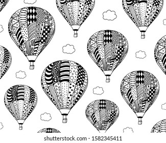 Coloring page of many flying balloons with the clouds.Antistress magic coloring zentangle for children and adults. Application in printed materials. Travel and sport coloring page.