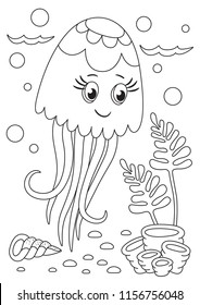 Coloring page marine life. Animals outline. Vector illustration, coloring book for kids. Doodle background. 