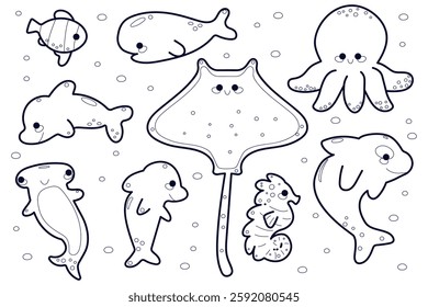 Coloring page of marine life. Hand drawn sea animals. Cartoon isolated vector illustration