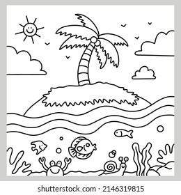Coloring Page Marine Life Island Underwater Landscape Hand Drawn Illustration Cute Kids Drawing