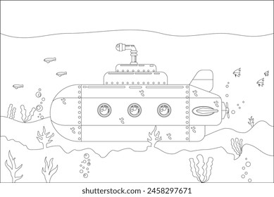 Coloring page marine theme, submarine with sea life